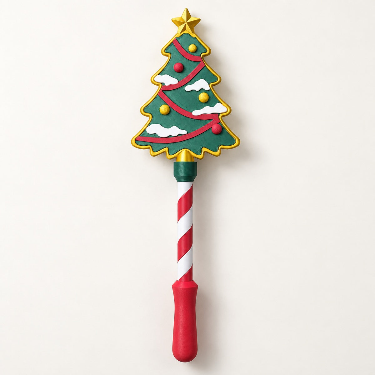 Christmas Tree Tap Wand with gold star, green tree topper and candy-cane handle