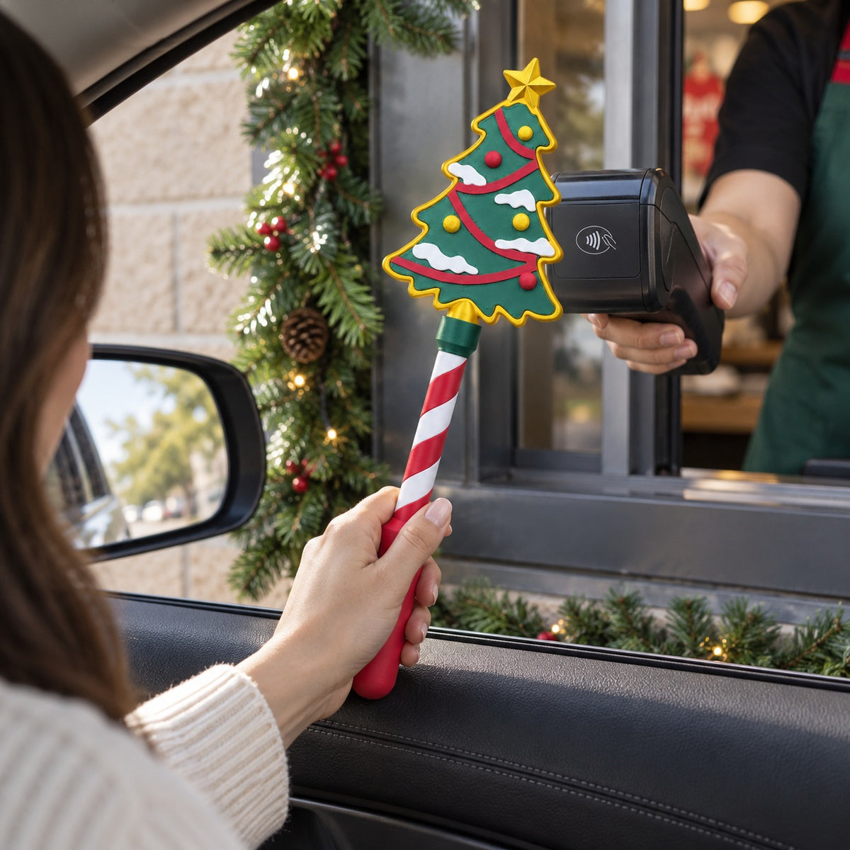 Christmas Tree Tap Wand held beside a drive-through payment reader